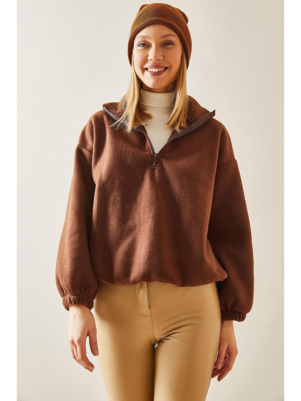 Kahverengi Fermuarlı Dik Yaka Polar Sweatshirt 4KXK8-47854-18-1