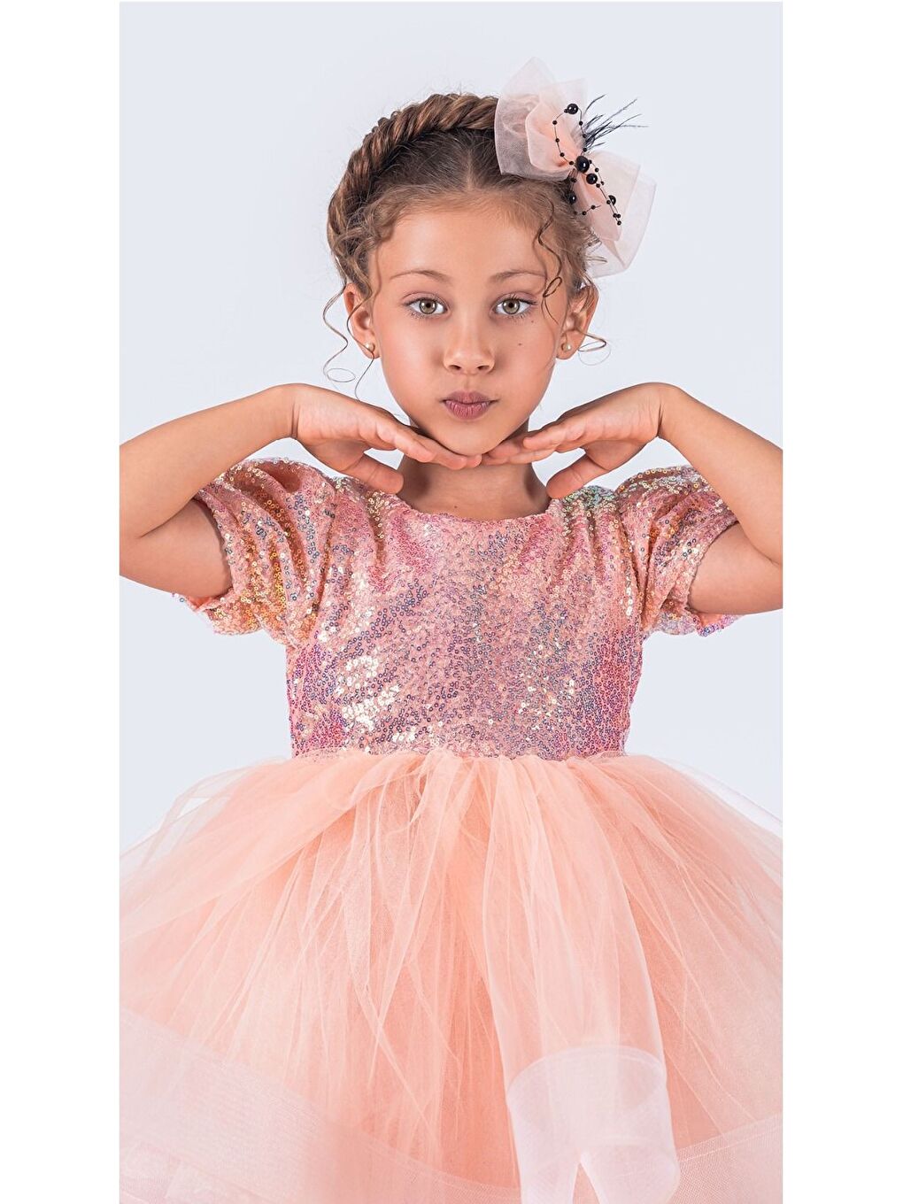 Pembe Tütü Gren Etekli Kız Çocuk Pul Payetli Kısa Kol Kikidi Elbise MNK0601-8