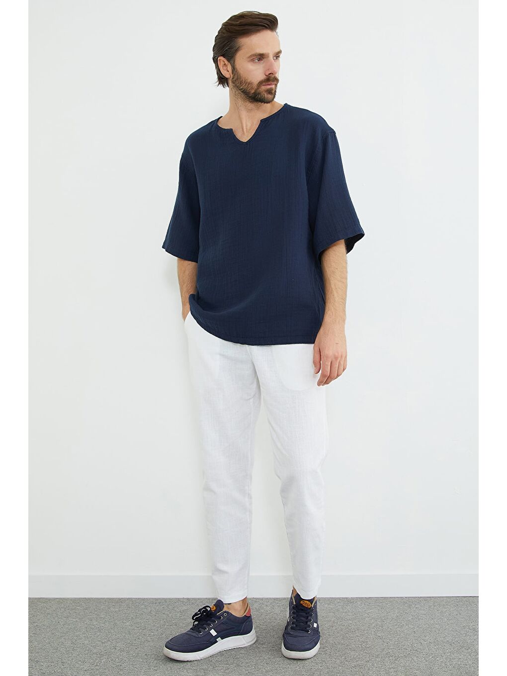 Lacivert Basic Müslin Kumaş Salaş Tişört-2