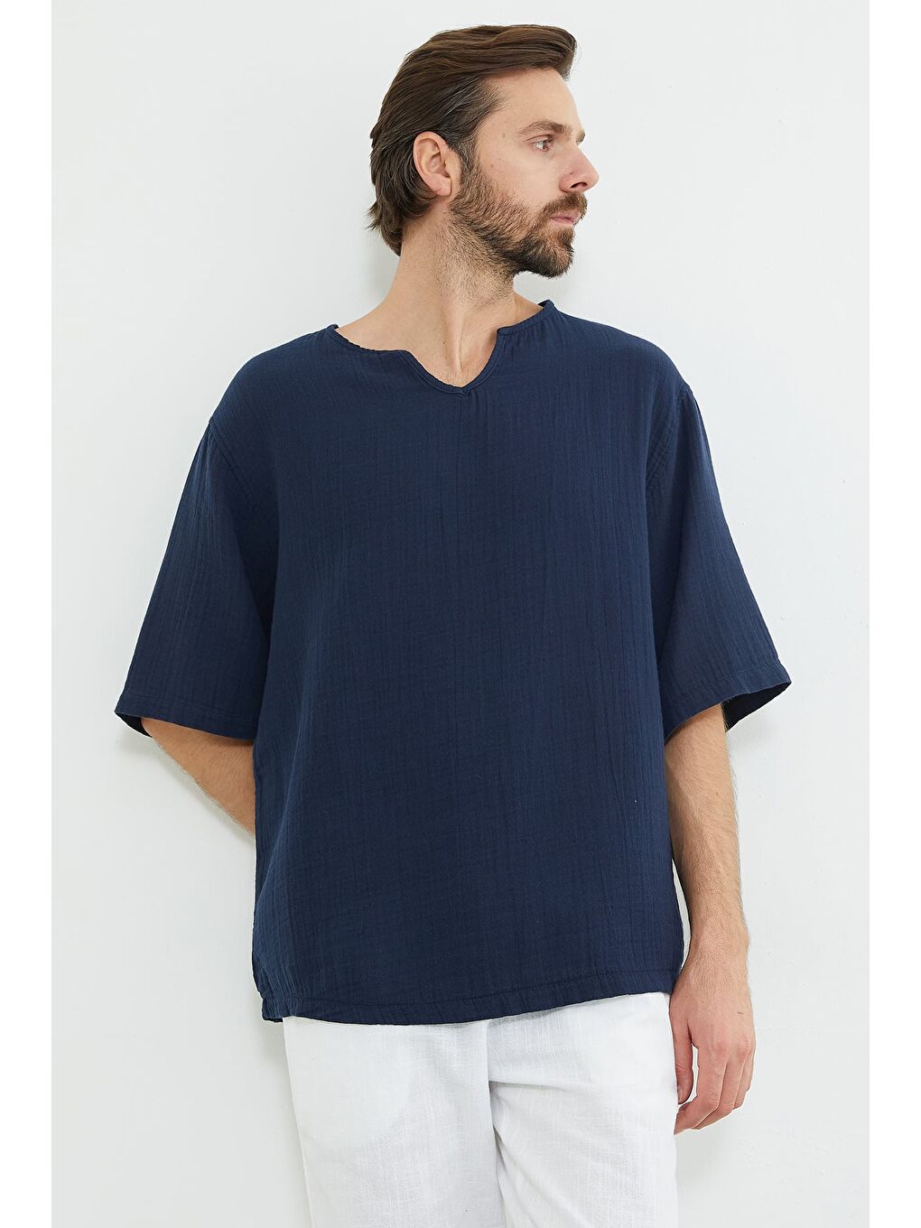 Lacivert Basic Müslin Kumaş Salaş Tişört-3