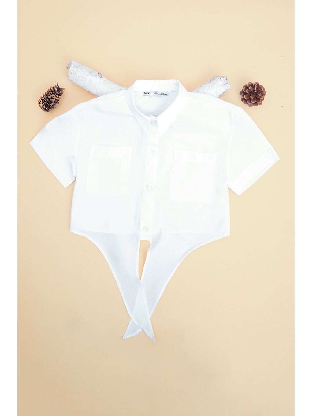 Beyaz Önü Bağlamalı Çift Cepli Crop Kız Çocuk Gömlek