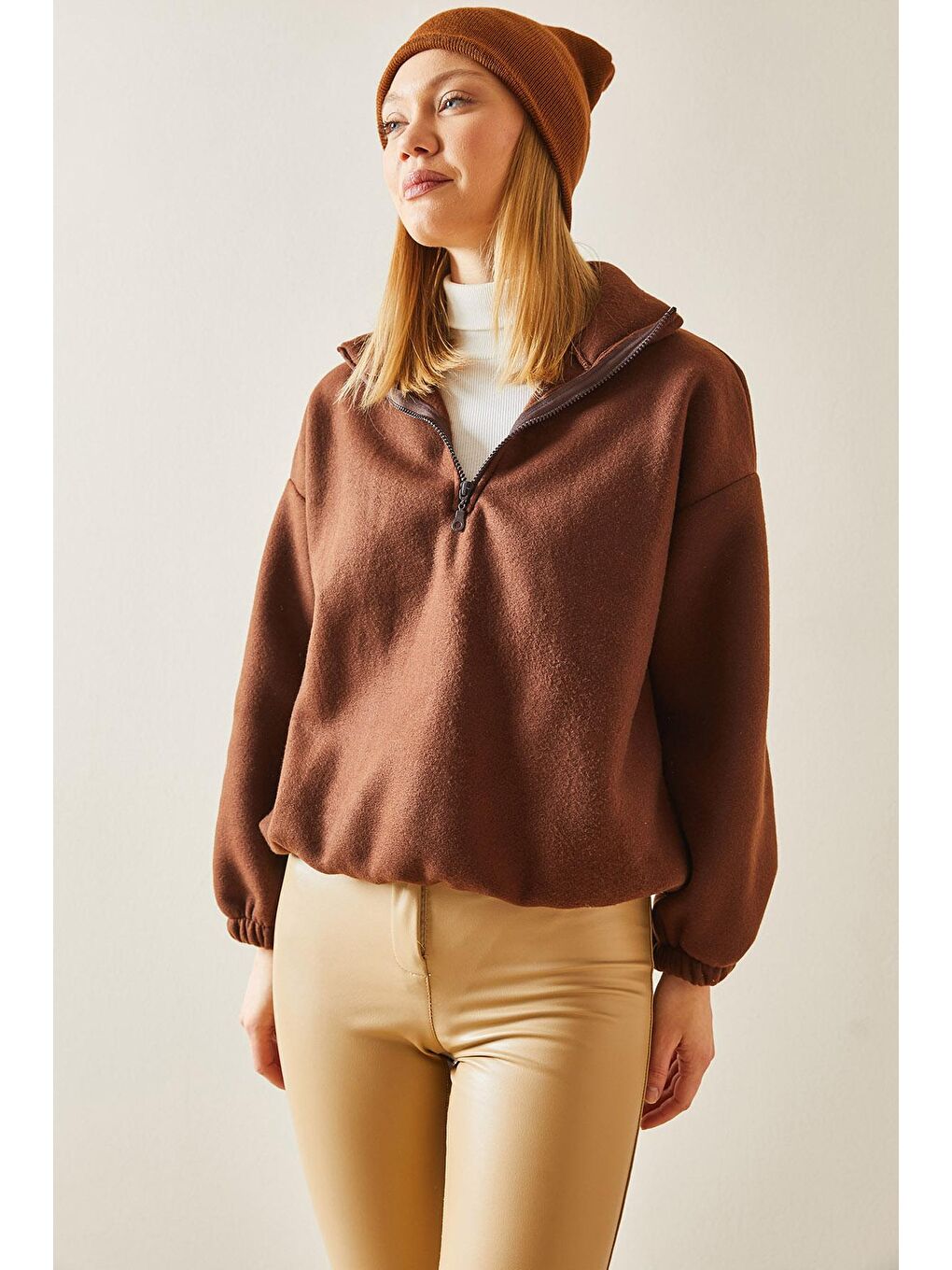 Kahverengi Fermuarlı Dik Yaka Polar Sweatshirt 4KXK8-47854-18-2