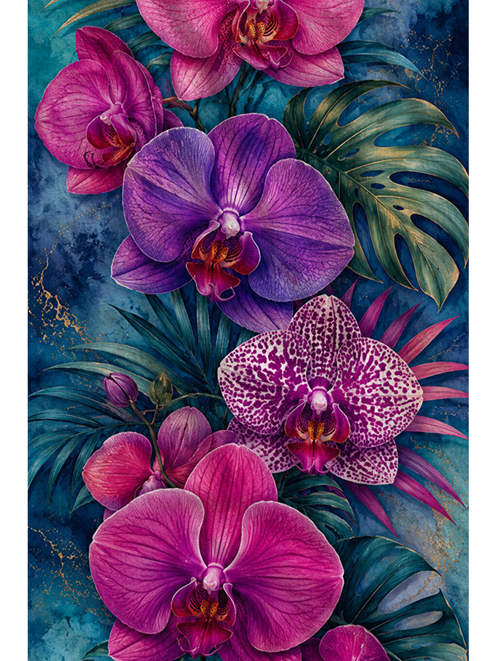 Maximalist Tropikal Mor Orkide Koyu Mavi Desenli 70x150 Plaj Havlusu - Pamuklu Banyo Havlusu-2