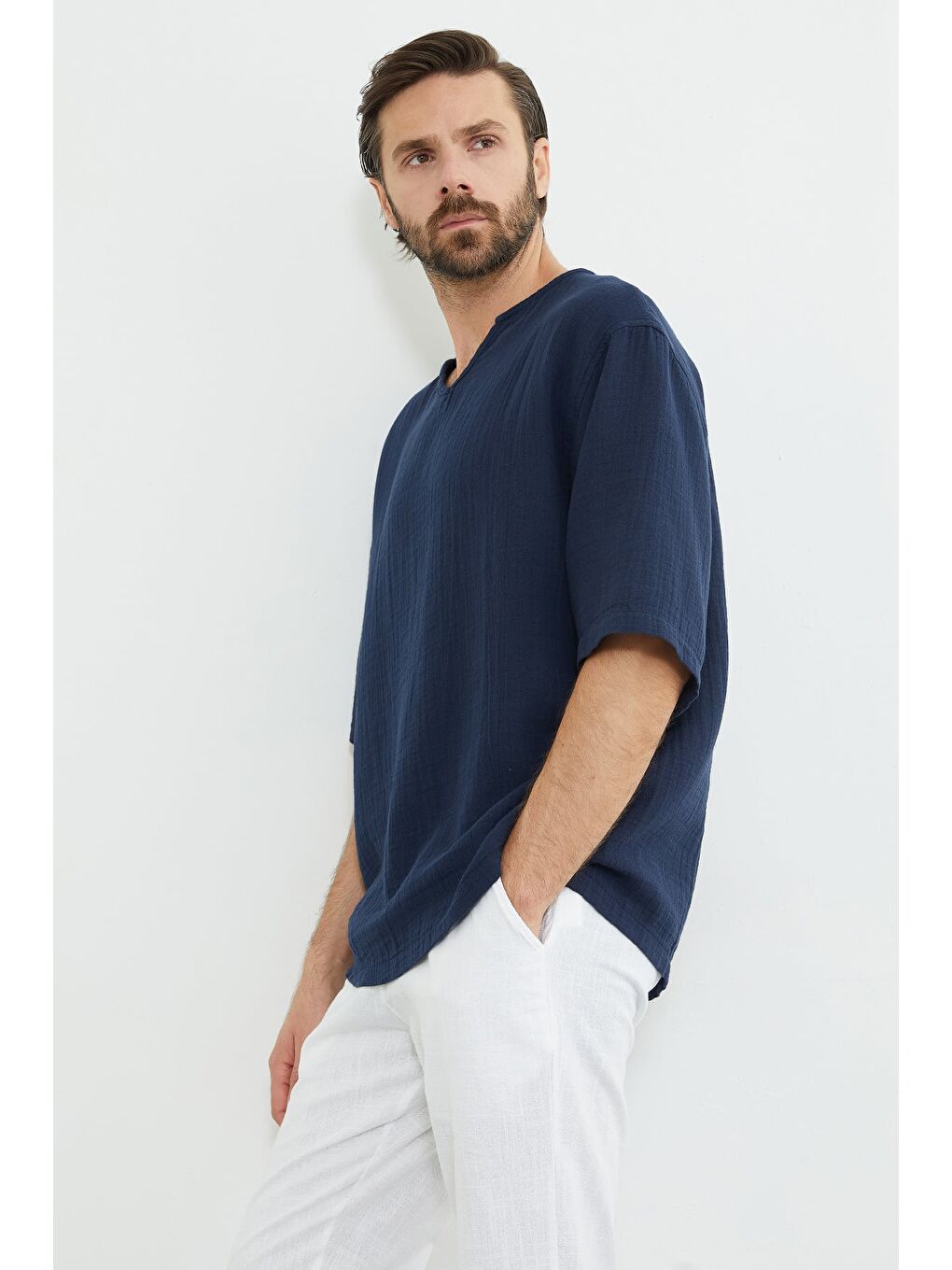 Lacivert Basic Müslin Kumaş Salaş Tişört-4