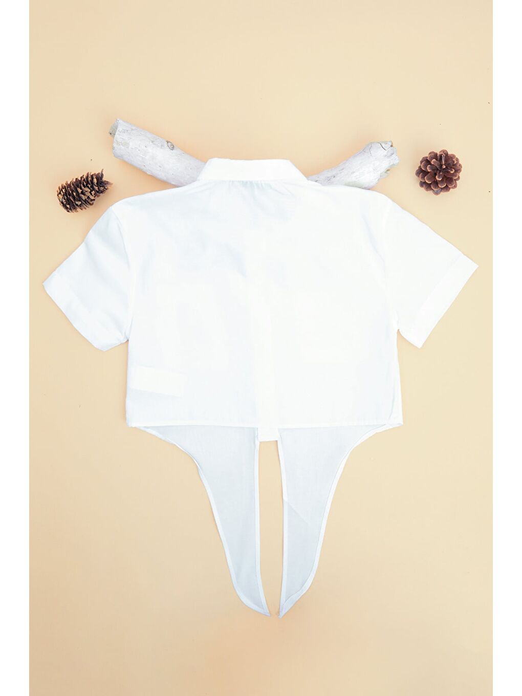 Beyaz Önü Bağlamalı Çift Cepli Crop Kız Çocuk Gömlek-1