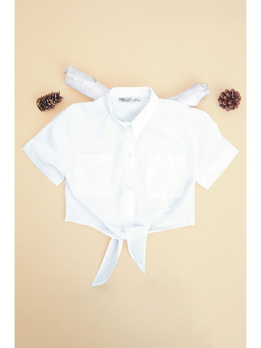 Beyaz Önü Bağlamalı Çift Cepli Crop Kız Çocuk Gömlek-2