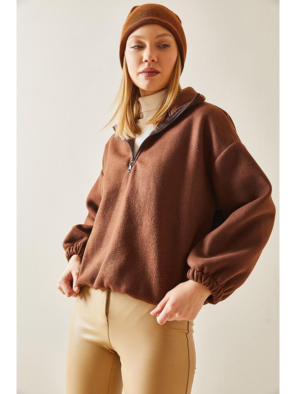 Kahverengi Fermuarlı Dik Yaka Polar Sweatshirt 4KXK8-47854-18-3