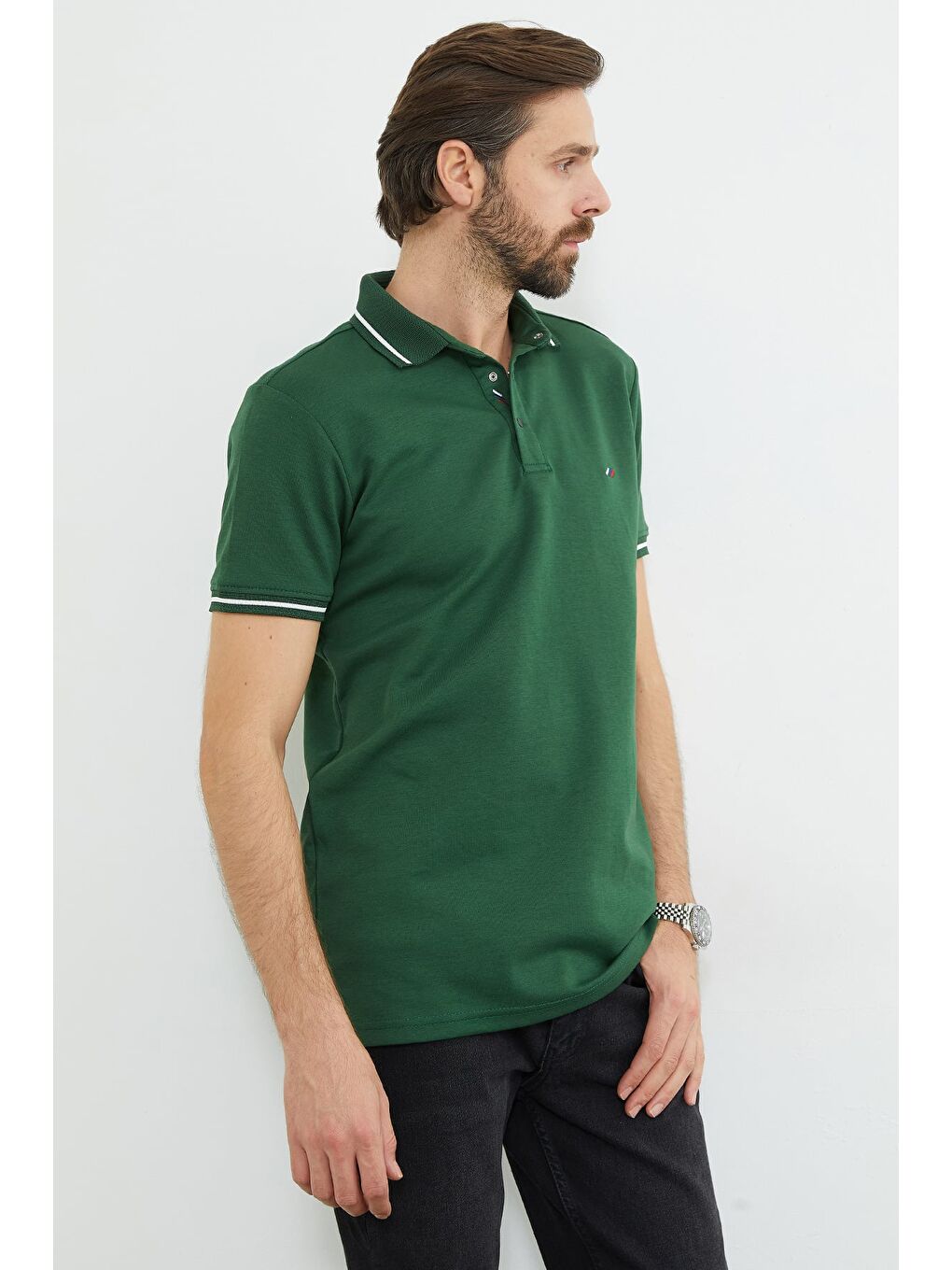 Yeşil Nakışlı Yarım Çıtçıtlı Polo Yaka Tişört-4