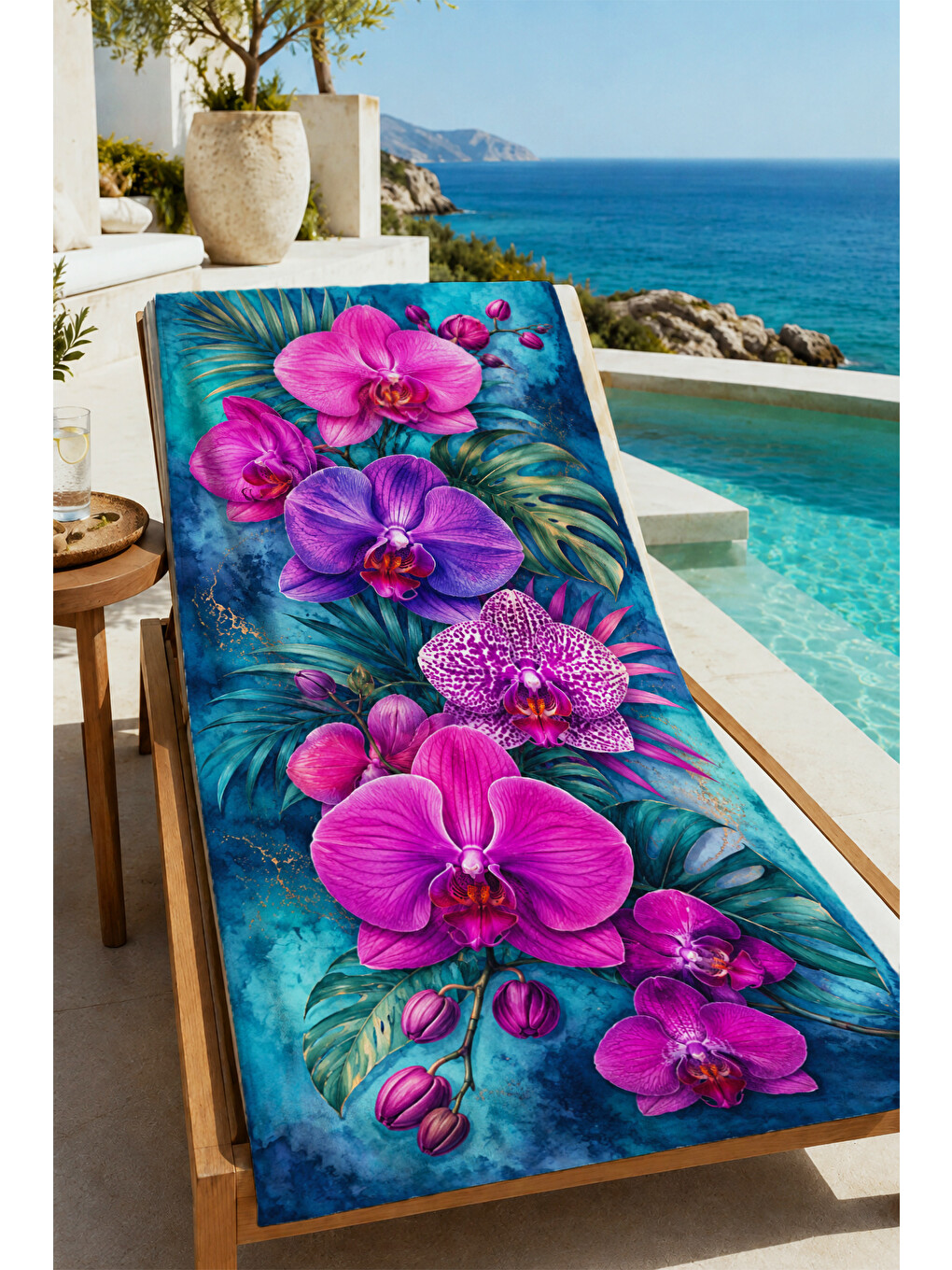 Maximalist Tropikal Mor Orkide Koyu Mavi Desenli 70x150 Plaj Havlusu - Pamuklu Banyo Havlusu-3