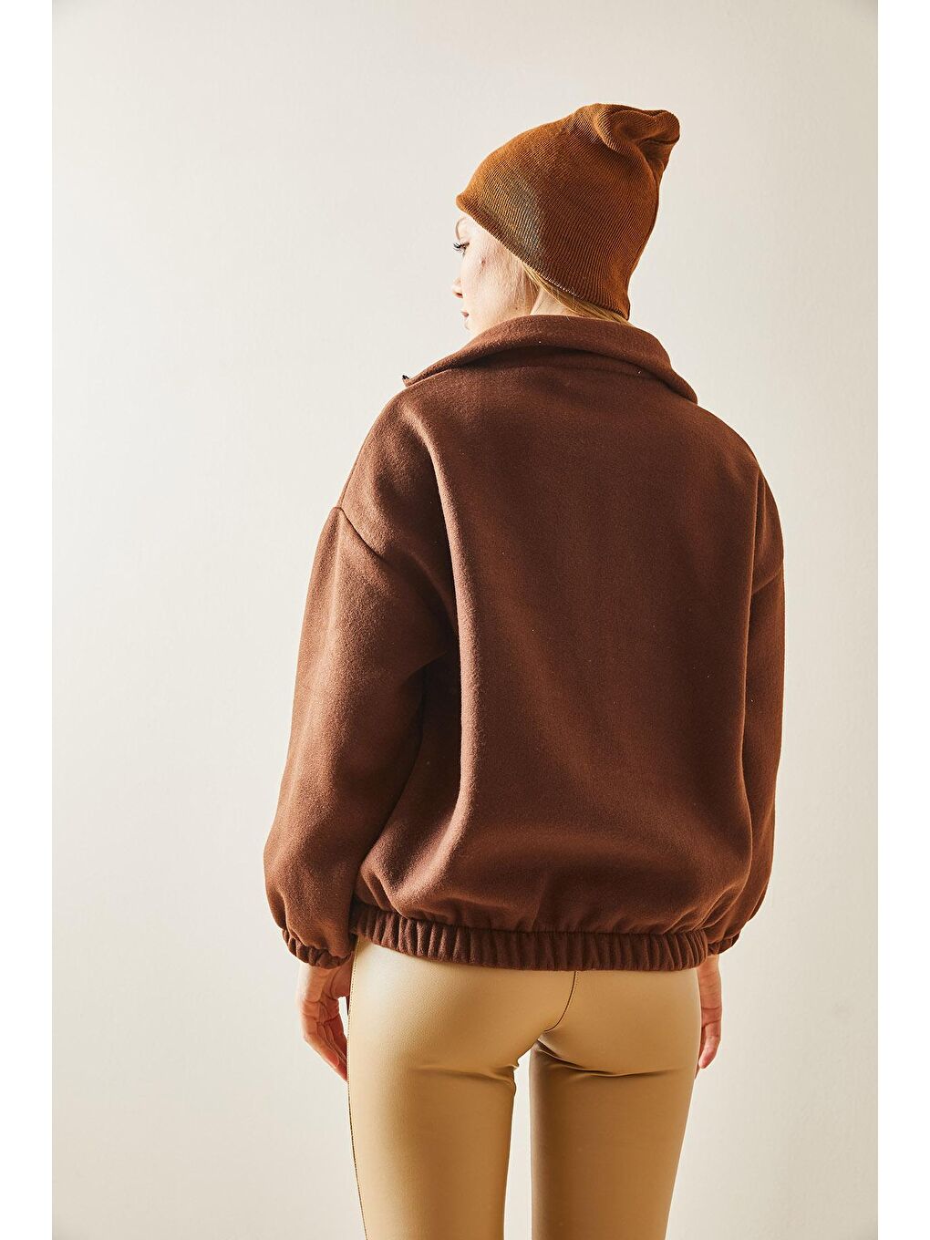 Kahverengi Fermuarlı Dik Yaka Polar Sweatshirt 4KXK8-47854-18-4