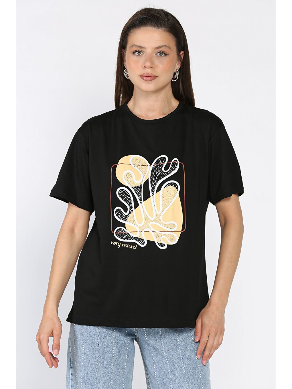 Siyah Kadın Taşlı Baskılı Bisiklet Yaka Tişört