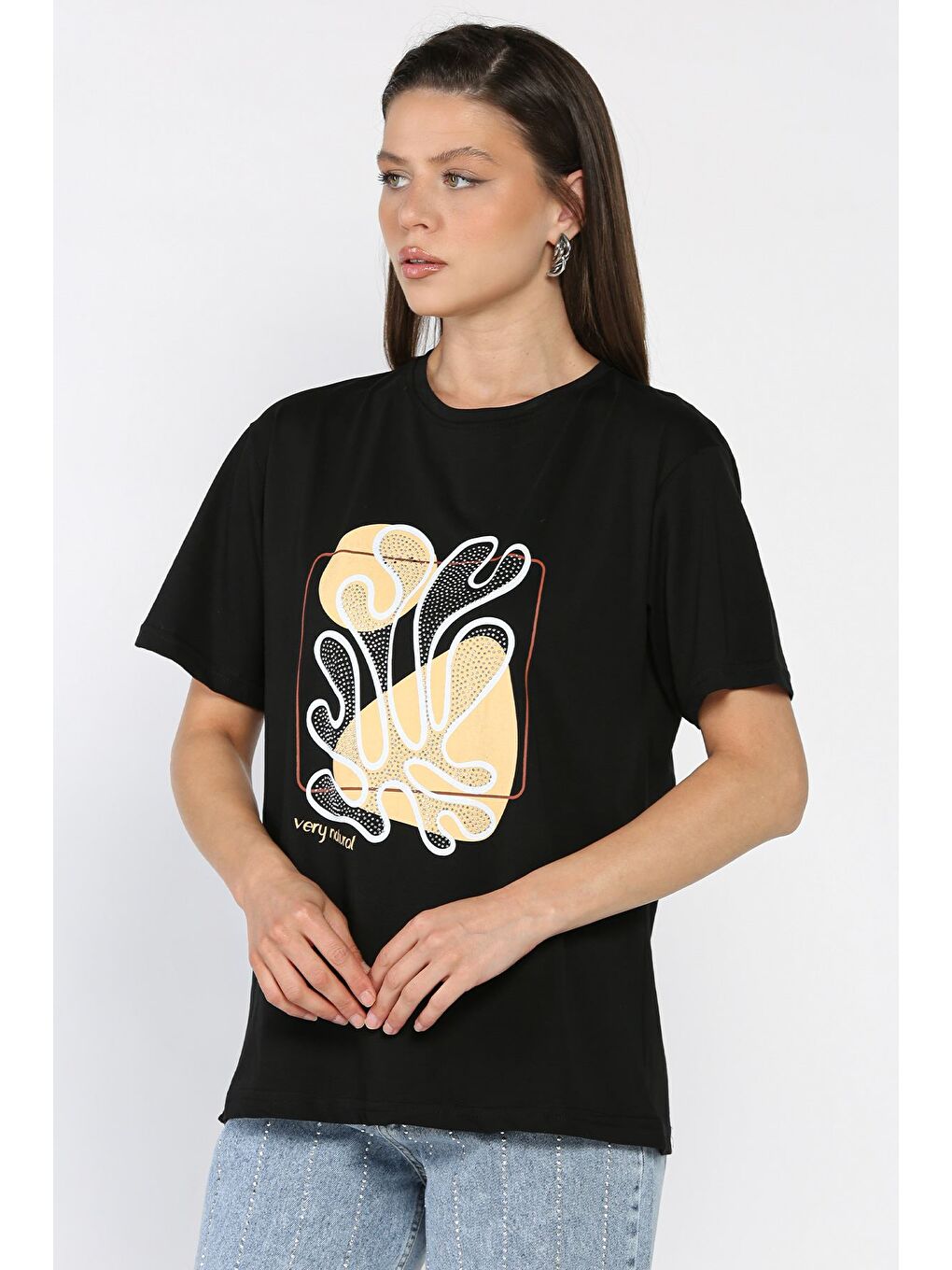 Siyah Kadın Taşlı Baskılı Bisiklet Yaka Tişört-1