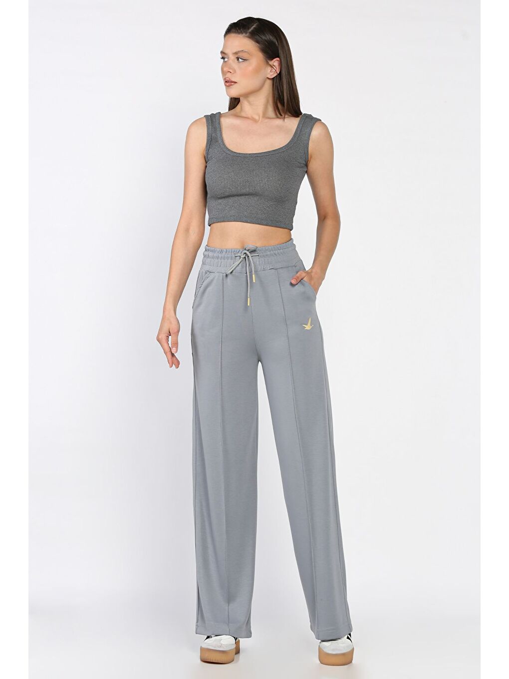 Gri Kadın Baskılı Bol Paça Eşofman Altı-1
