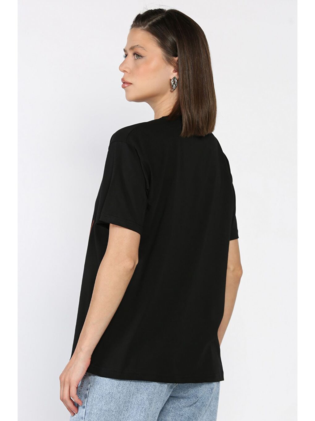 Siyah Kadın Taşlı Baskılı Bisiklet Yaka Tişört-2