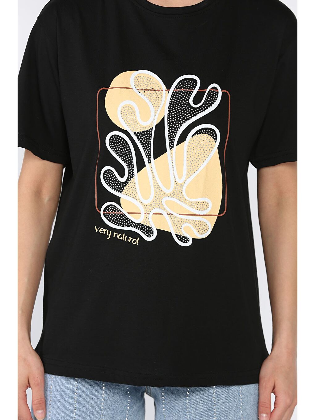 Siyah Kadın Taşlı Baskılı Bisiklet Yaka Tişört-3