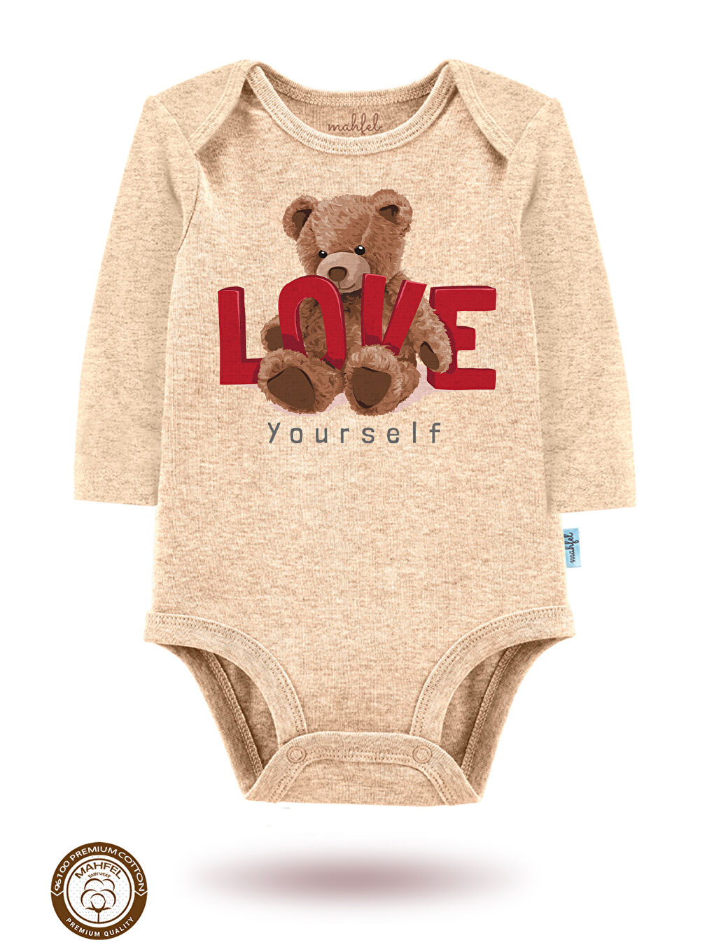 Bej 3 lü  100 Pamuklu Organik Baskılı Çıtçıtlı Bebek Body Zıbın-1