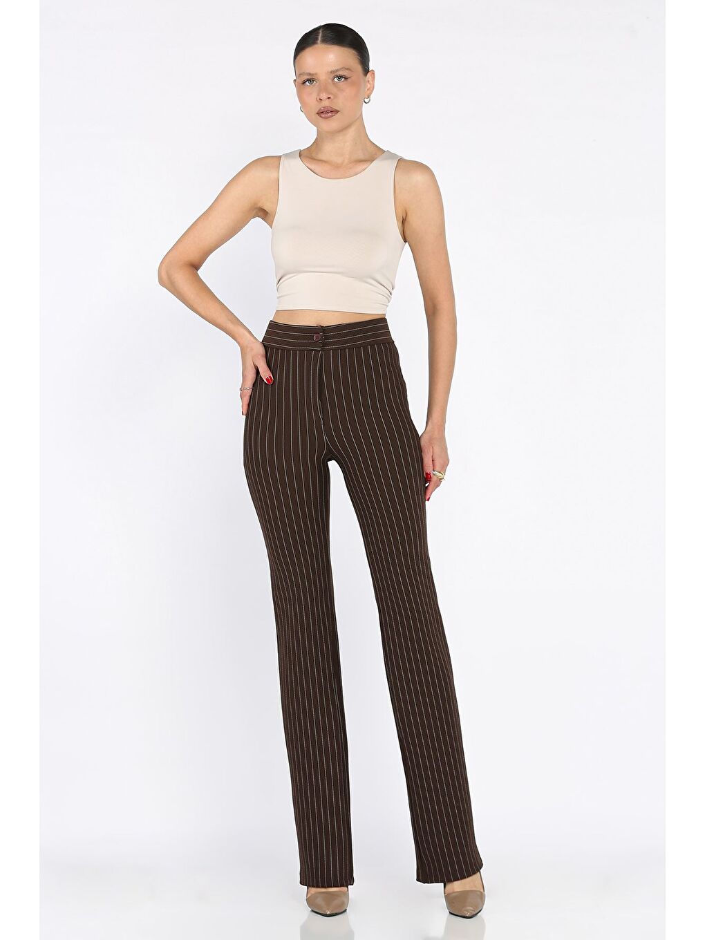 Kahverengi Kadın Çizgi Desenli Boru Paça Pantolon-1