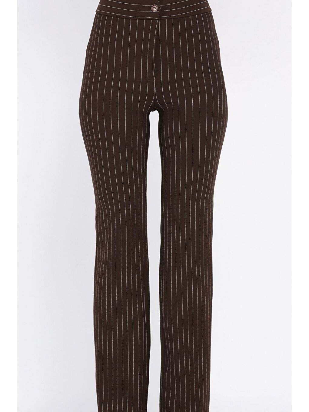Kahverengi Kadın Çizgi Desenli Boru Paça Pantolon-2