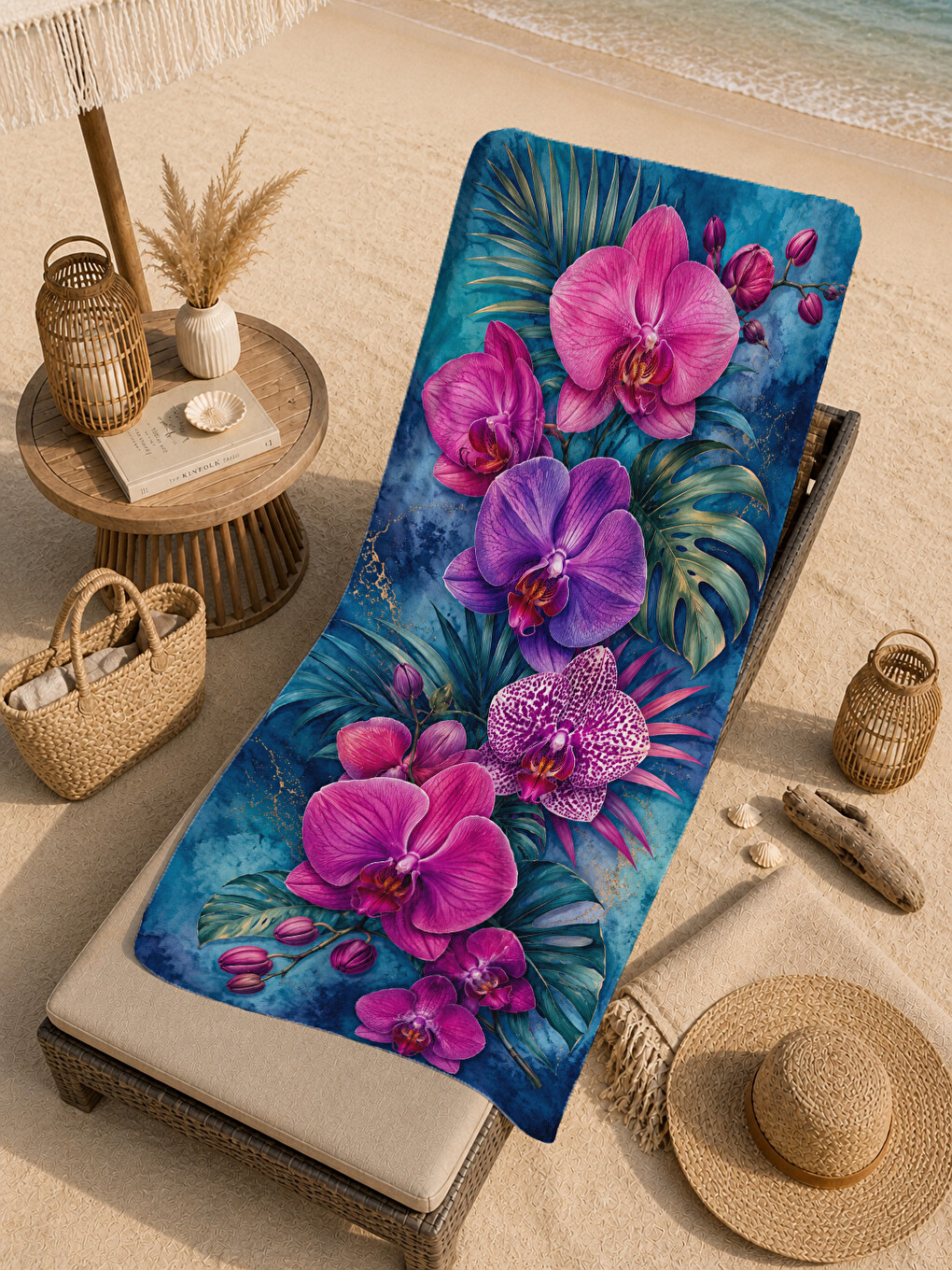 Maximalist Tropikal Mor Orkide Koyu Mavi Desenli 70x150 Plaj Havlusu - Pamuklu Banyo Havlusu-4