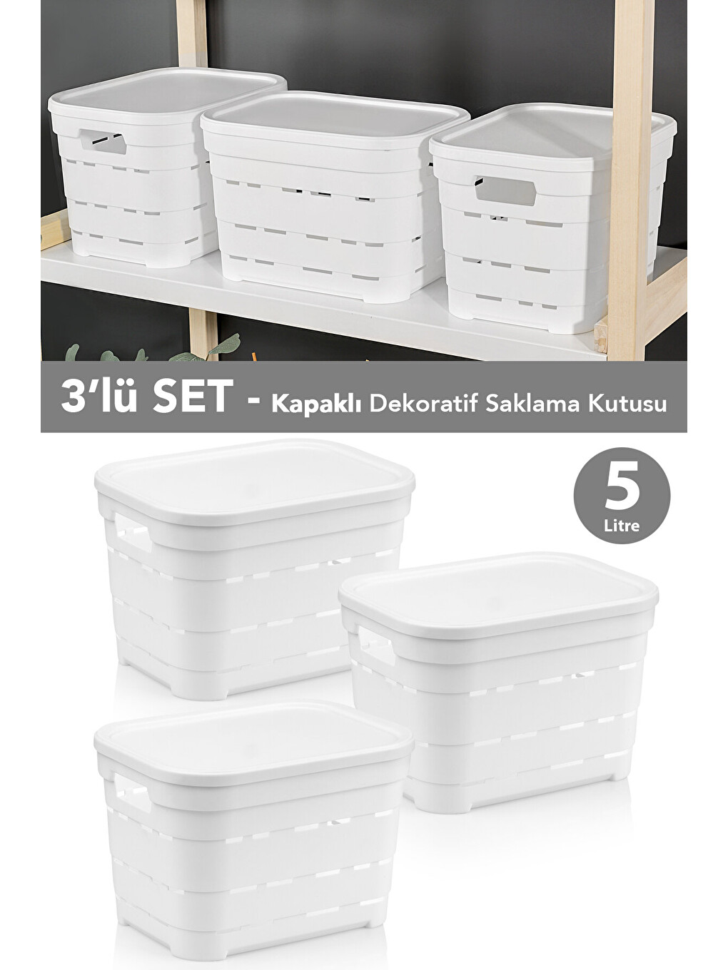 Beyaz 3'lü Kapaklı Delikli Dekoratif Piramit Saklama Kutusu