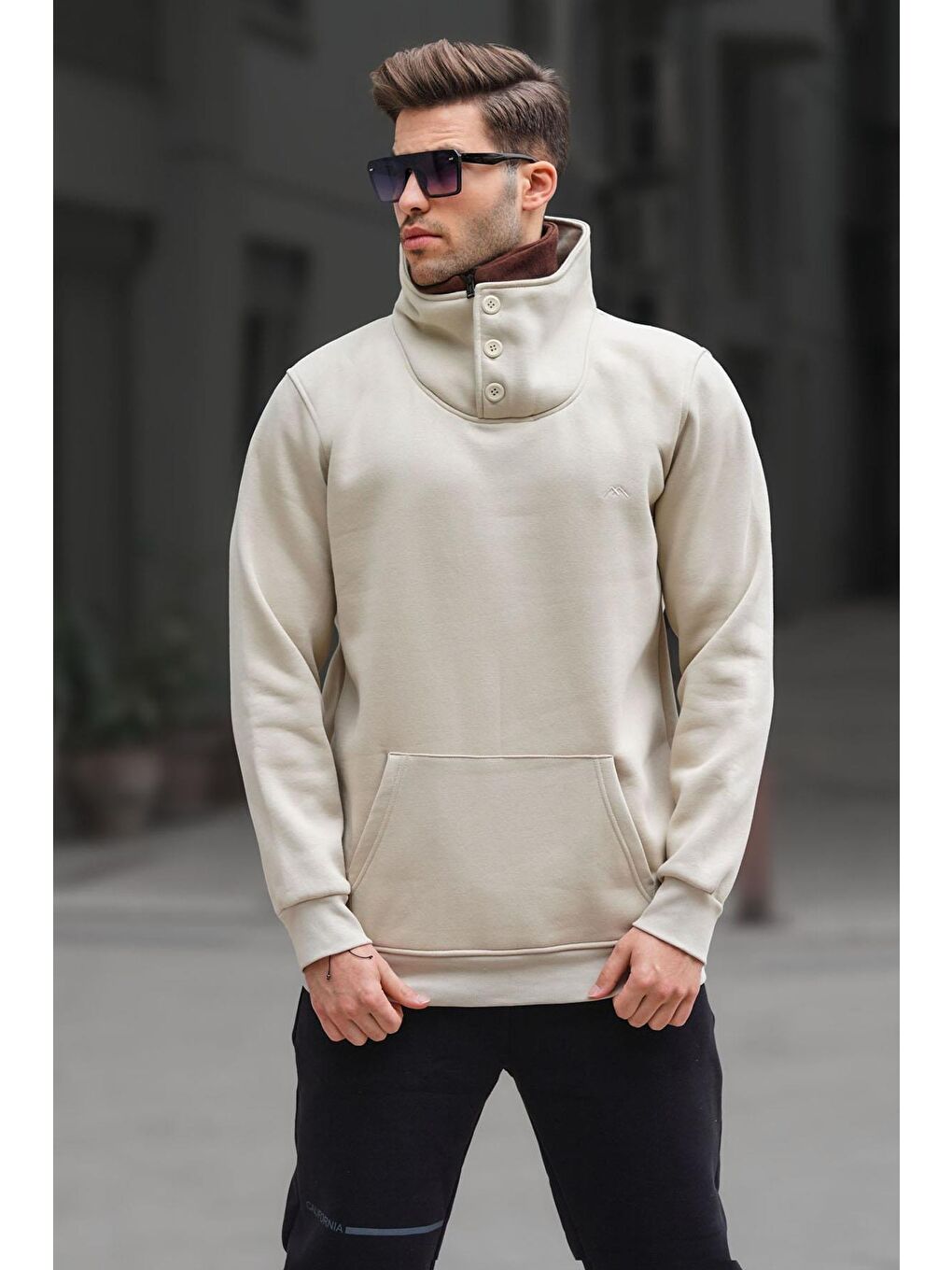 Madmext Bej Triko Yaka Düğmeli Bej Sweatshirt 4411 - 1