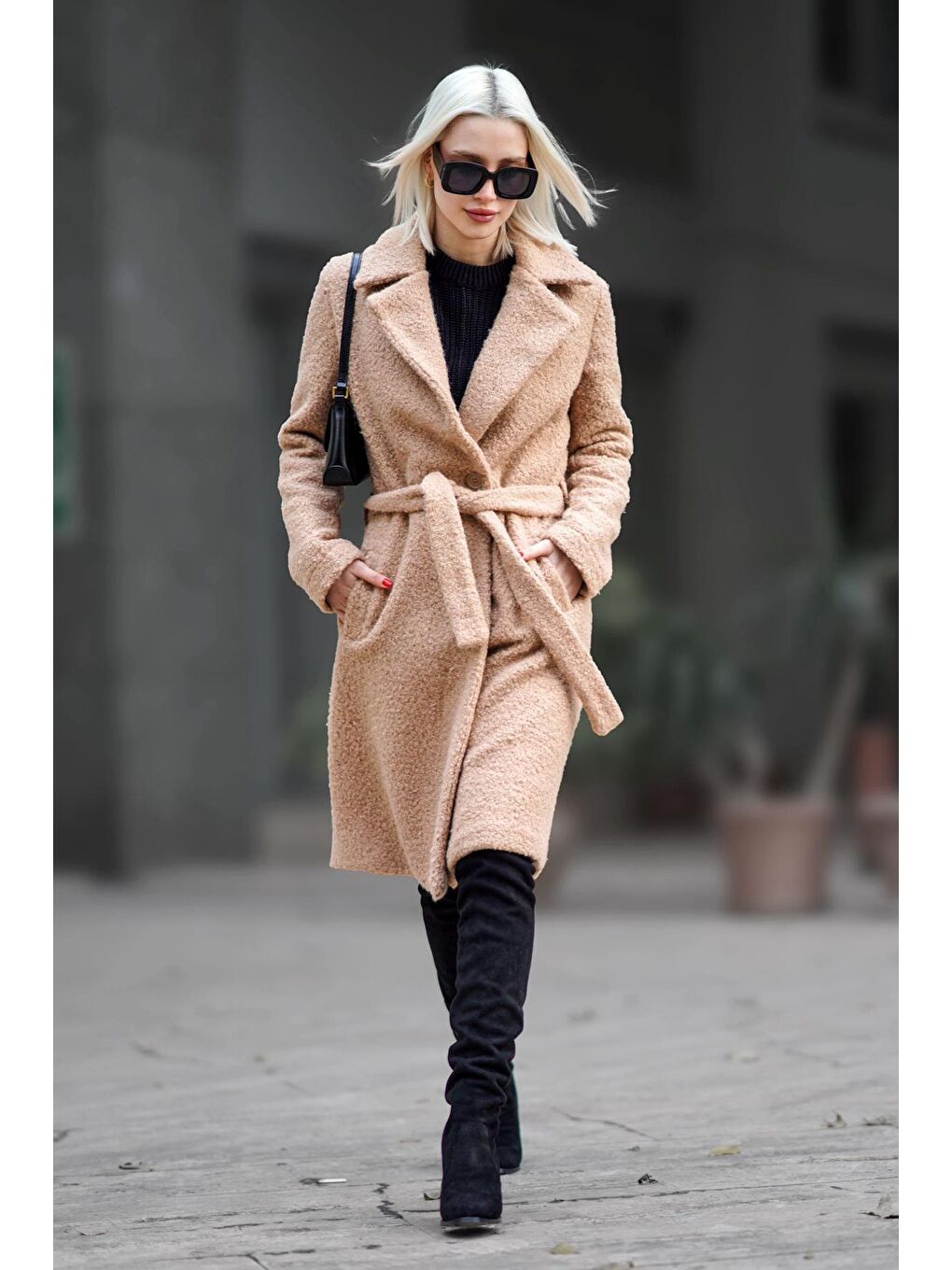 Bej Camel Astarlı Buklet Kadın Kaban