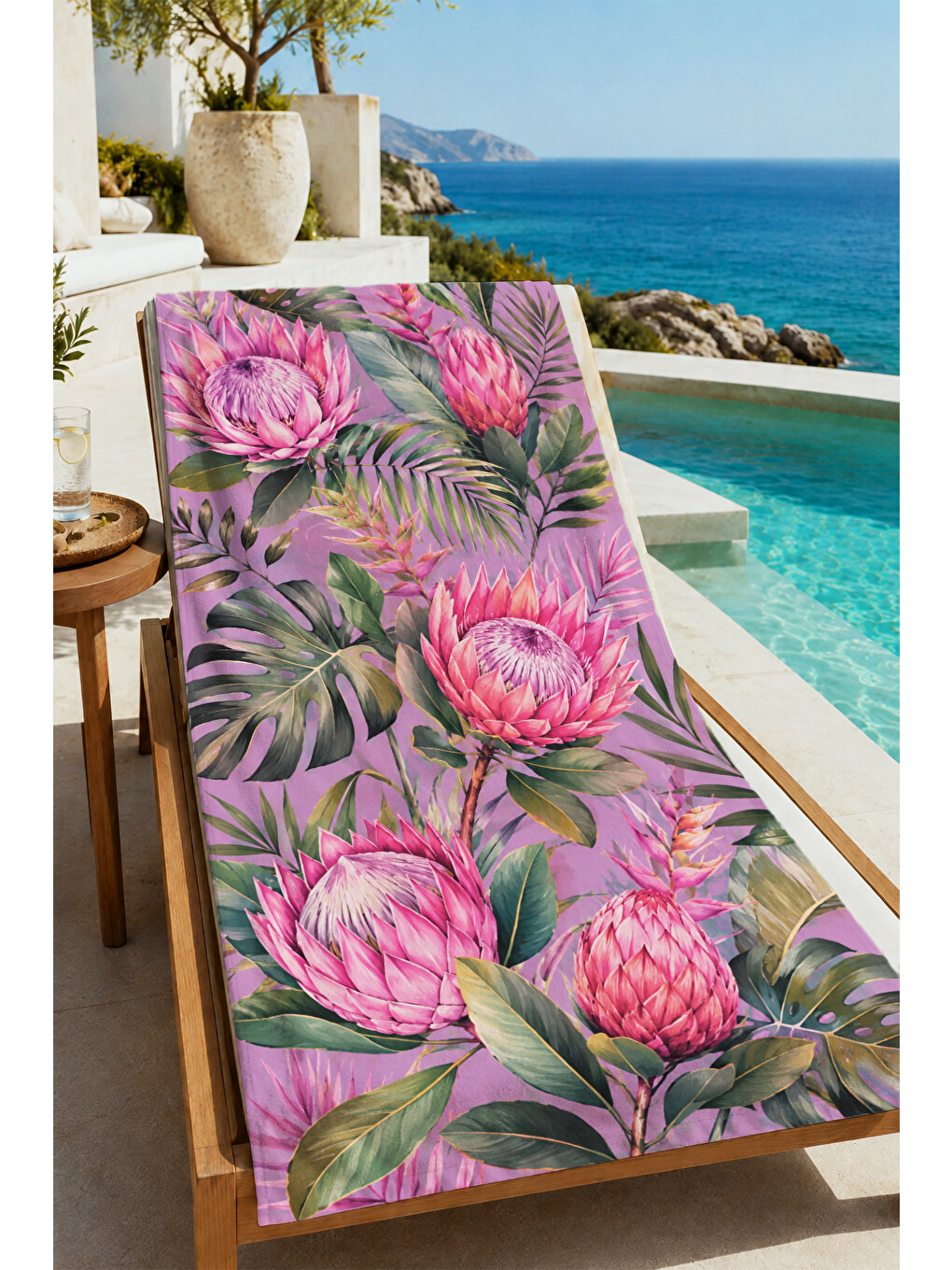 Botanik Mor Pembe Protea Çiçeği Desenli 70x150 Plaj Havlusu - Dijital Baskılı Banyo Havlusu-1