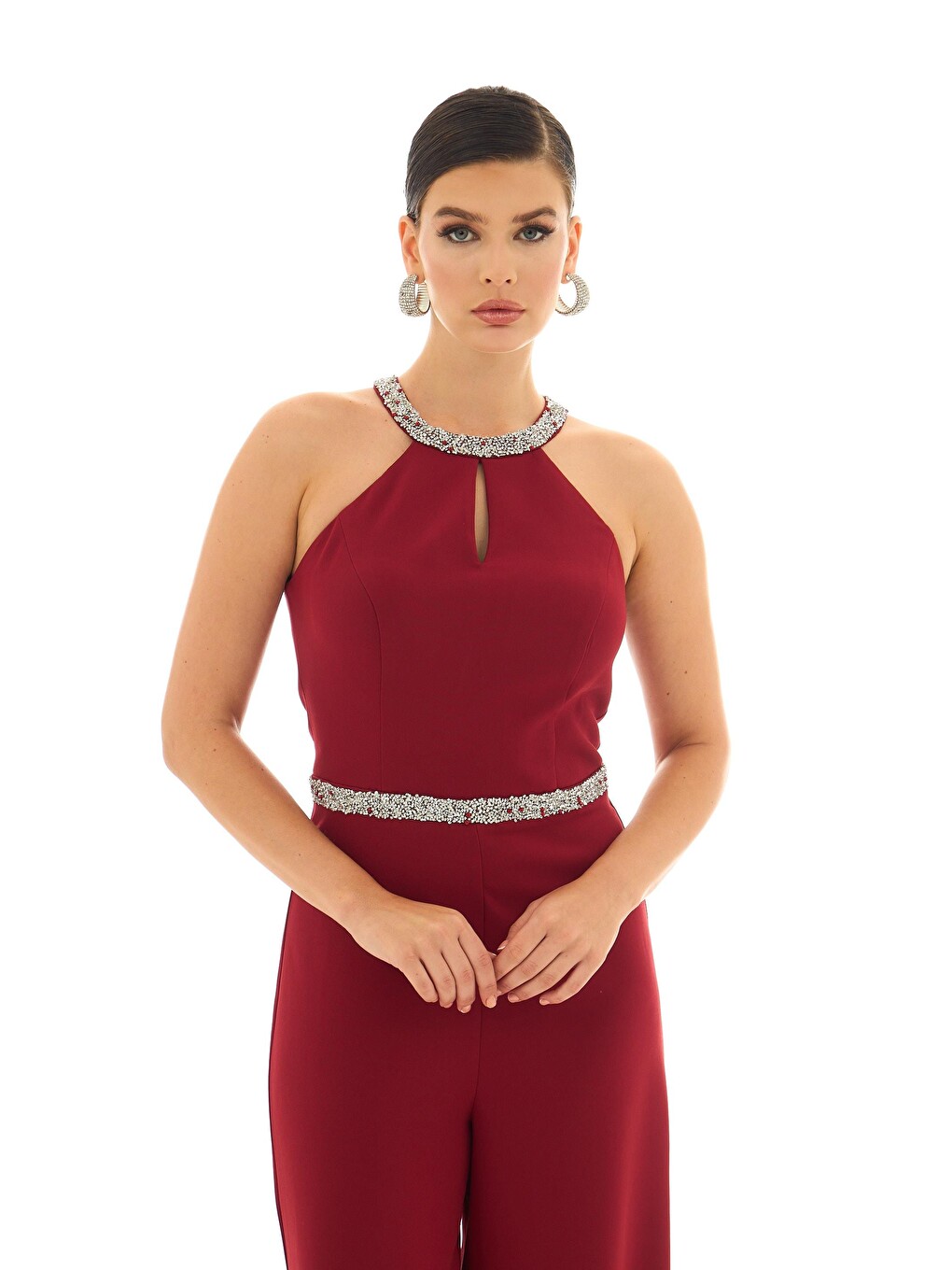 Bordo Yakası Beli Taşlı Tulum-1