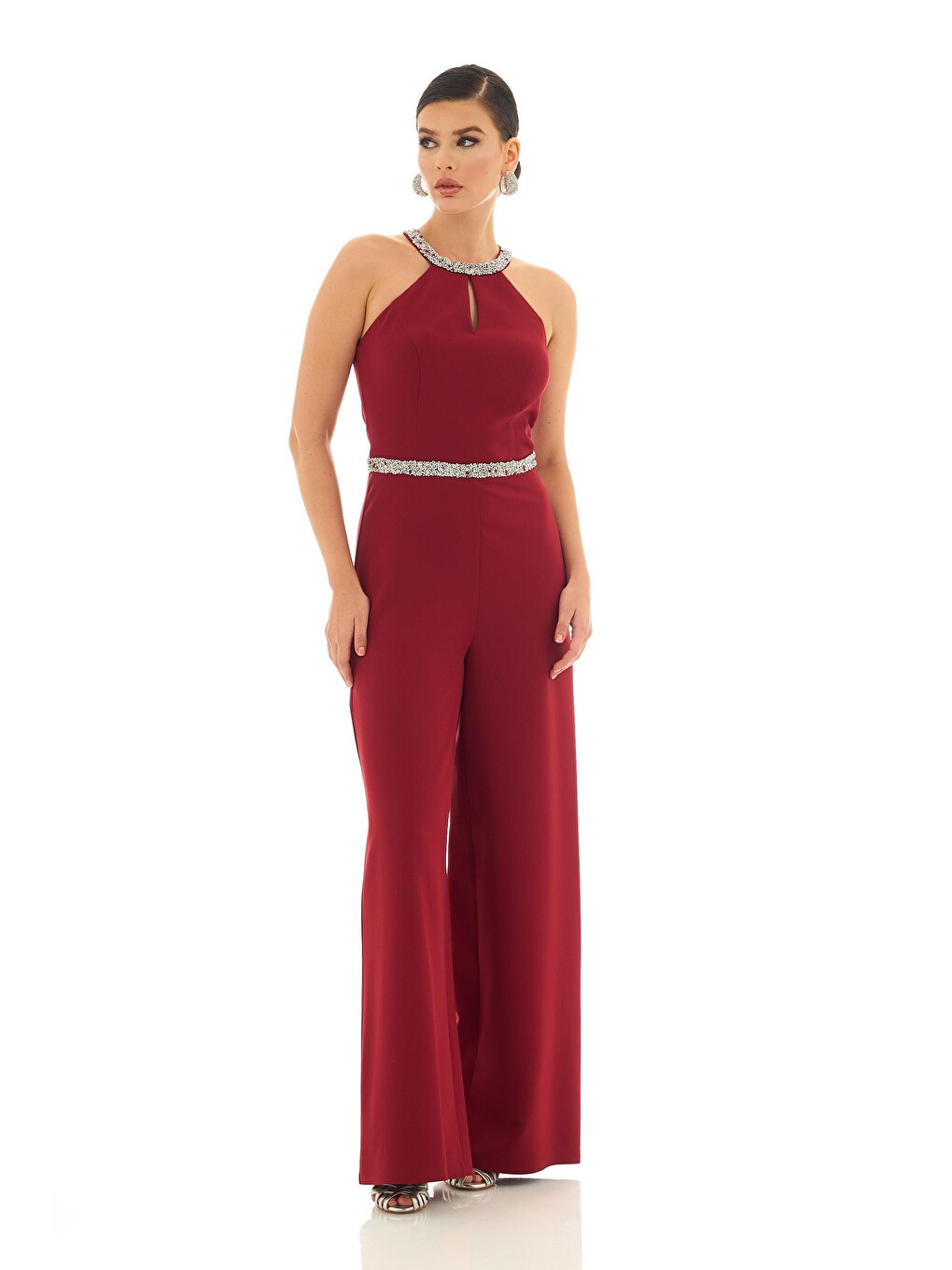 Bordo Yakası Beli Taşlı Tulum-3