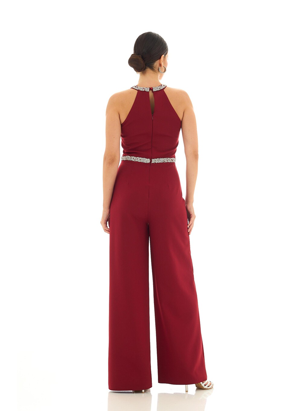 Bordo Yakası Beli Taşlı Tulum-4