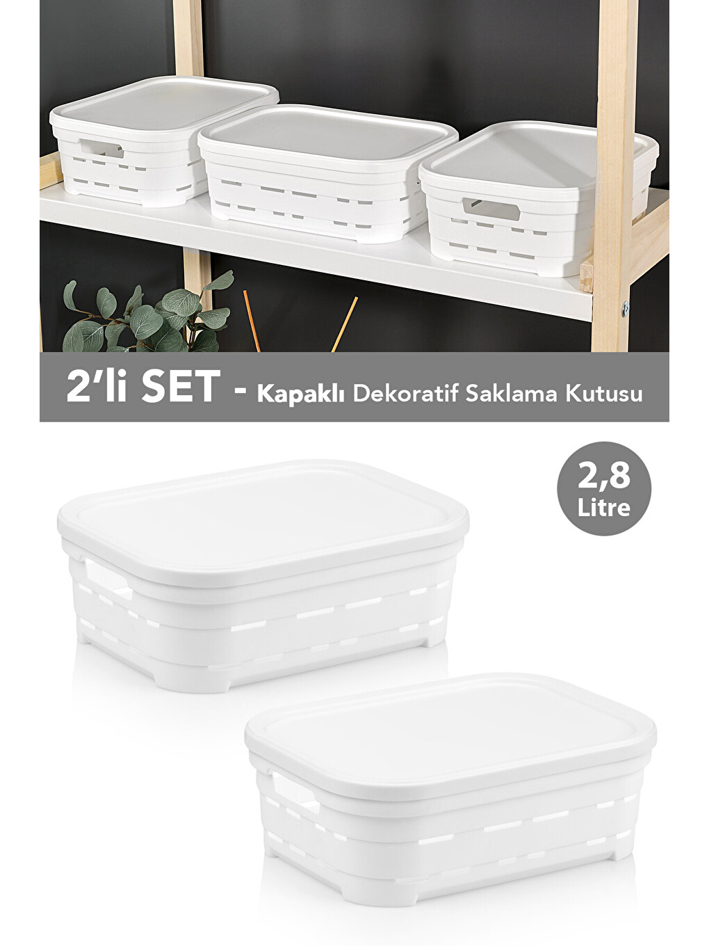 Beyaz 2'li Kapaklı Delikli Dekoratif Piramit Saklama Kutusu