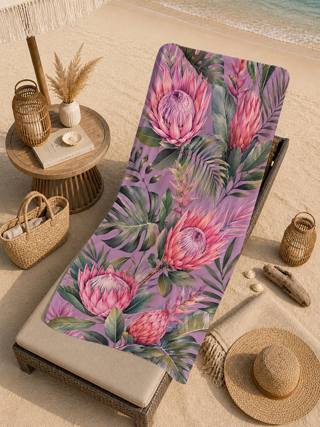 Botanik Mor Pembe Protea Çiçeği Desenli 70x150 Plaj Havlusu - Dijital Baskılı Banyo Havlusu-3