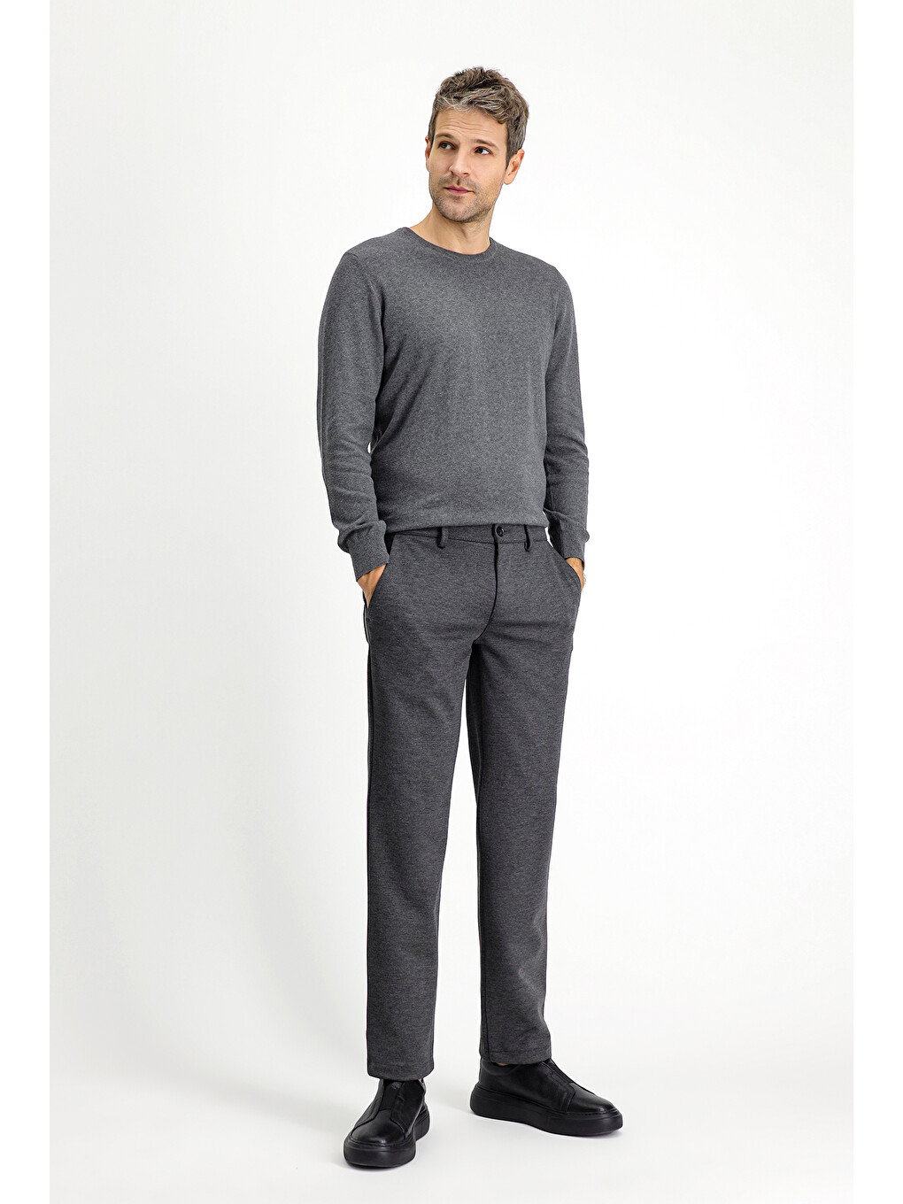 Antrasit Slim Fit Dar Kesim Elastanlı Örme Klasik Kumaş Pantolon-3