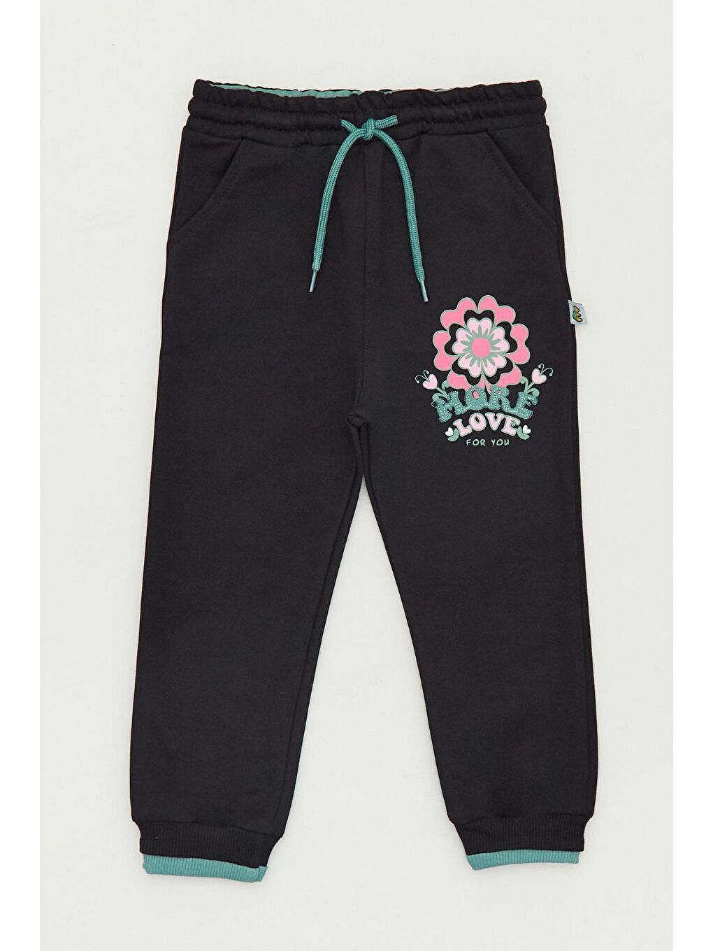 Siyah Çiçek Baskılı Jogger Kız Çocuk Eşofman Altı