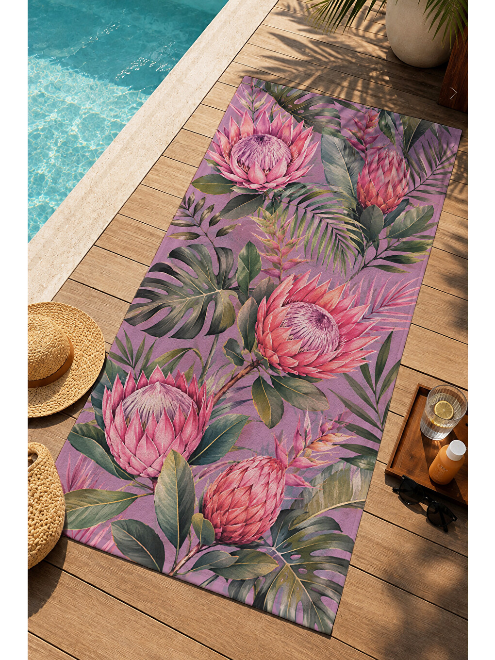 Botanik Mor Pembe Protea Çiçeği Desenli 70x150 Plaj Havlusu - Dijital Baskılı Banyo Havlusu-4