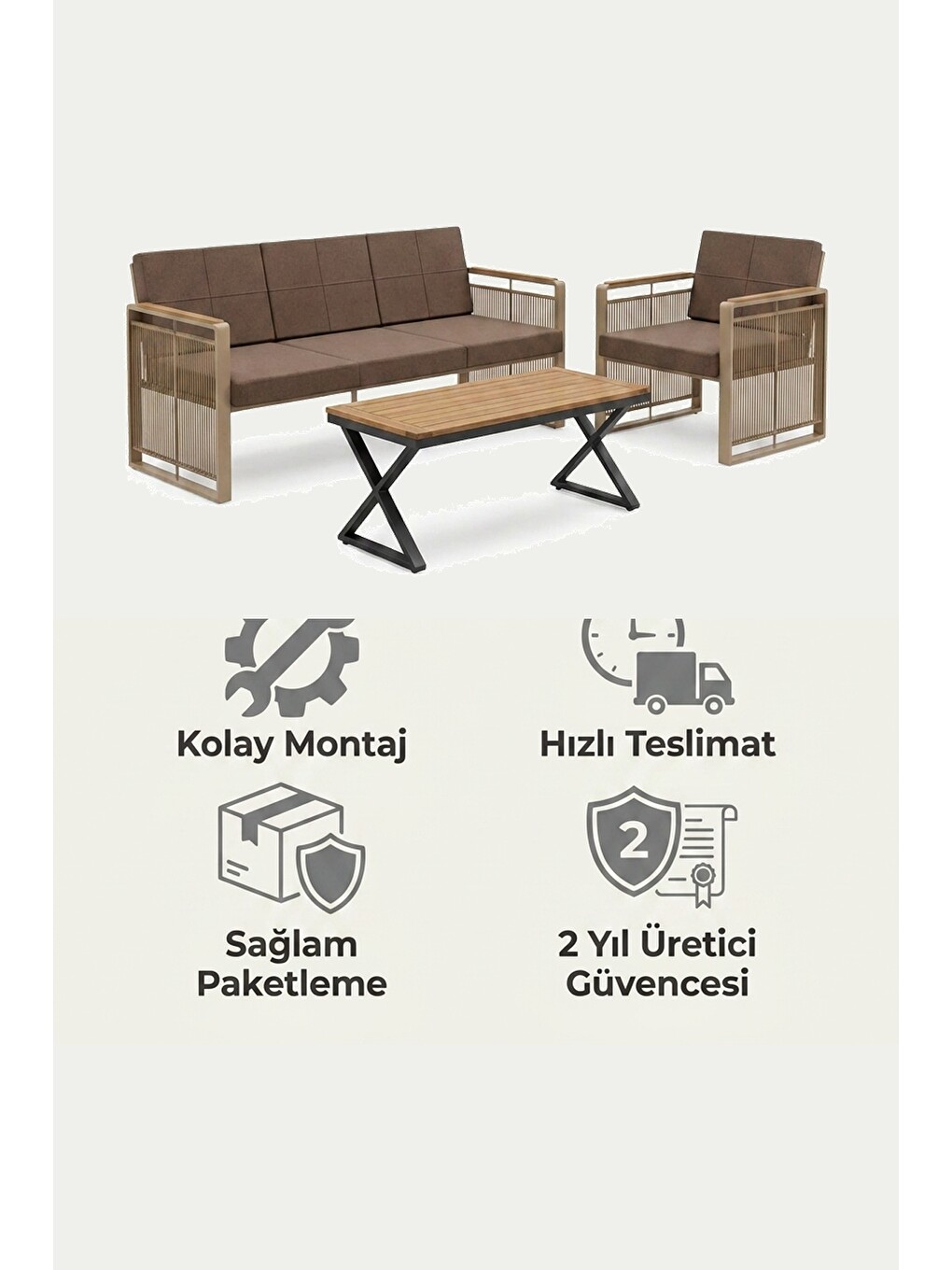 Kahverengi Maris Bahçe Balkon Oturma Takımı | İp Örgü Metal Karkas, 3+1 Koltuk, Cappucino Kahve-6