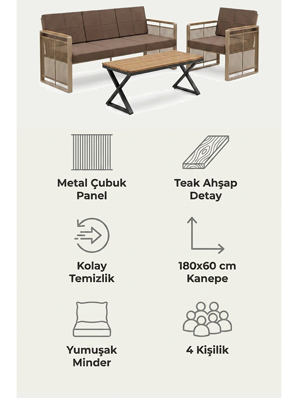 Kahverengi Maris Bahçe Balkon Oturma Takımı | İp Örgü Metal Karkas, 3+1 Koltuk, Cappucino Kahve-7