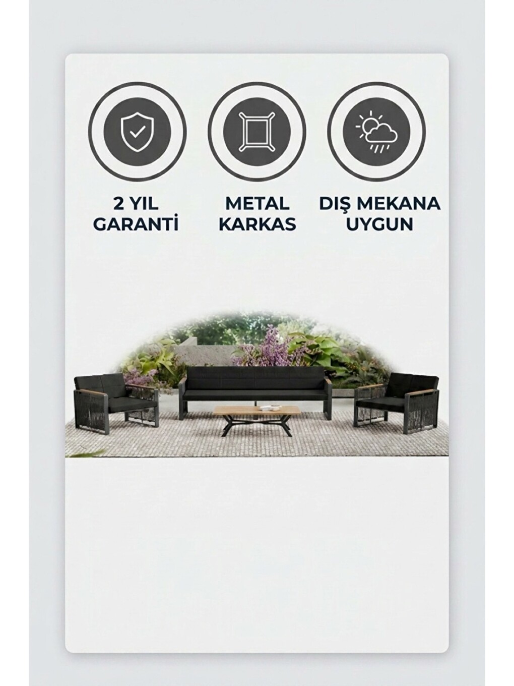 Maris Bahçe Balkon Oturma Takımı | İp Örgü Metal Karkas, 3+1 Koltuk, Antrasit Siyah-6