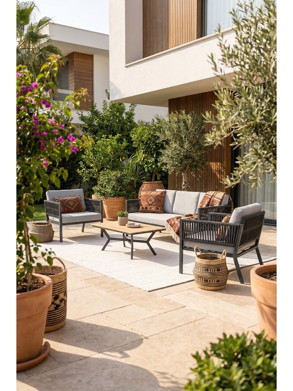 Lido Bahçe & Balkon Oturma Takımı | İp Örgü Metal Karkas, 2+2 Koltuk, Antrasit Açık Gri-2