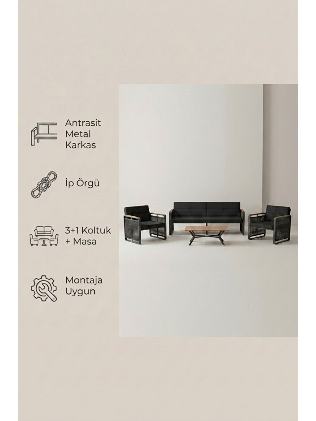 Maris Bahçe Balkon Oturma Takımı | İp Örgü Metal Karkas, 3+1 Koltuk, Antrasit Siyah-7