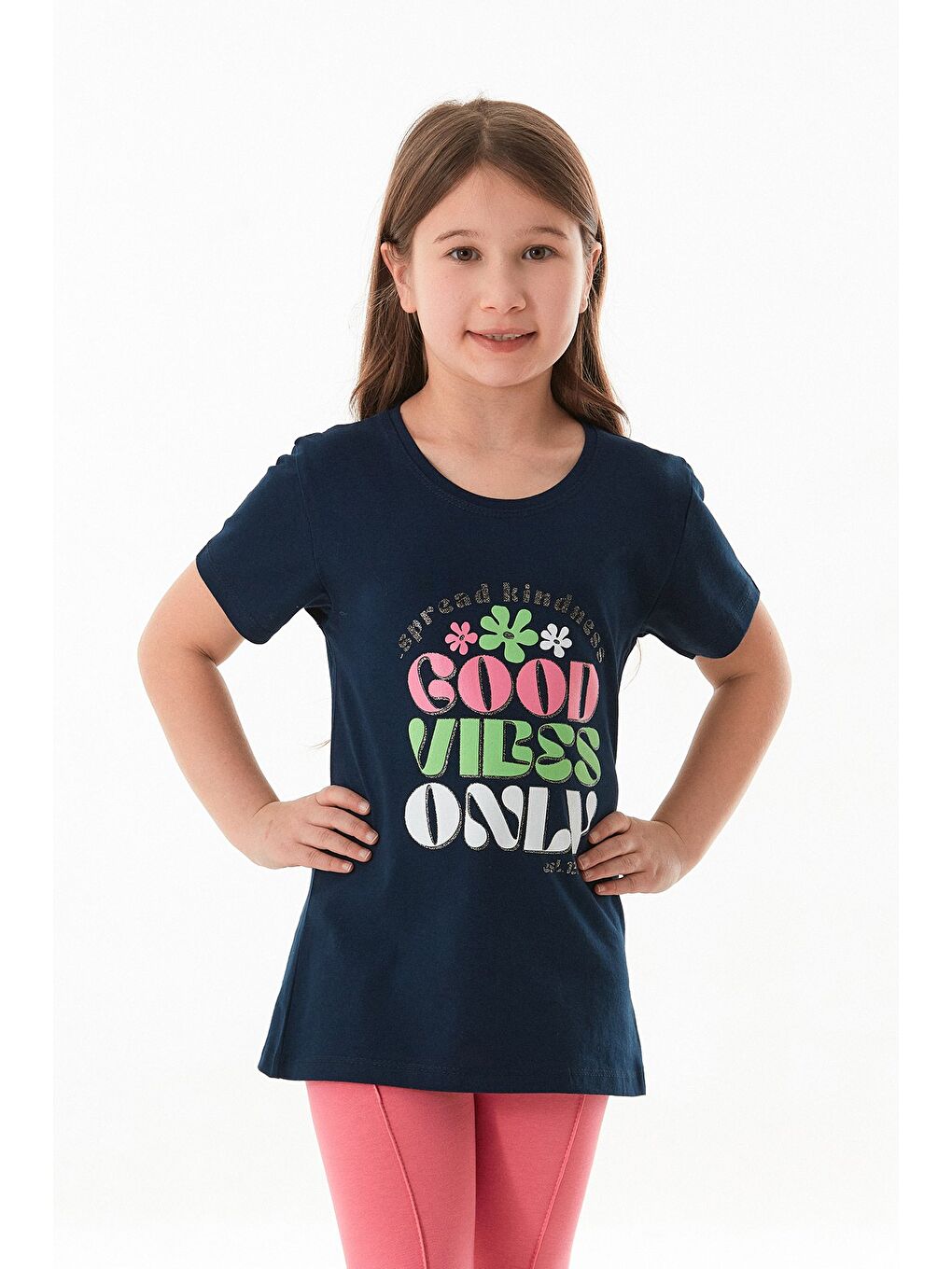 Lacivert %100 Pamuk Yazı Ve Çiçek Baskılı Kız Çocuk Tişört