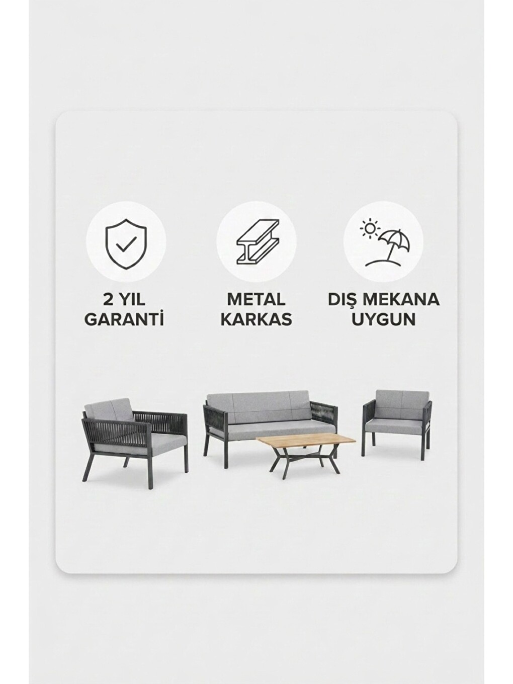 Lido Bahçe & Balkon Oturma Takımı | İp Örgü Metal Karkas, 2+2 Koltuk, Antrasit Açık Gri-4