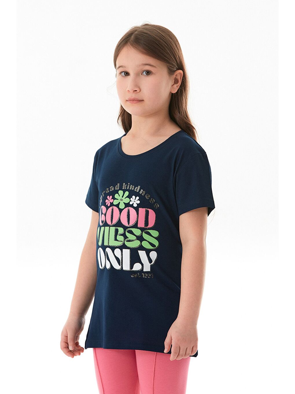 Lacivert %100 Pamuk Yazı Ve Çiçek Baskılı Kız Çocuk Tişört-2