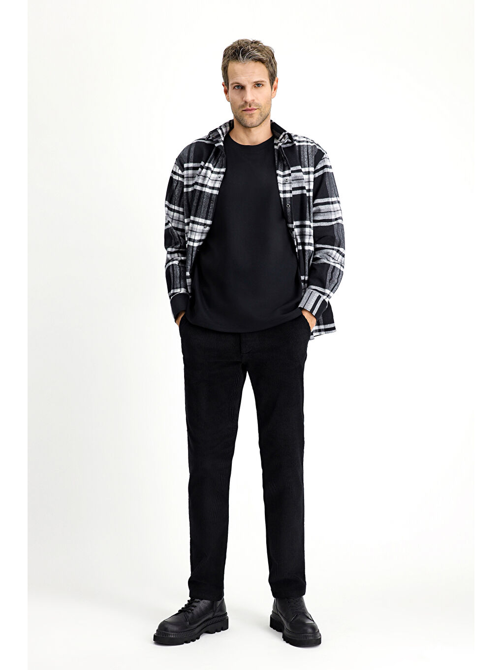 Siyah Relax Fit Rahat Kesim Pamuk Kadife Pantolon-1