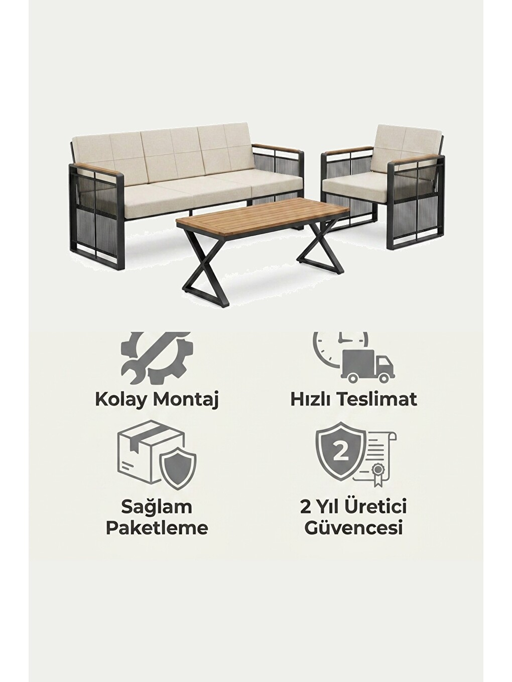 Maris Bahçe Balkon Oturma Takımı | İp Örgü Metal Karkas, 3+1 Koltuk, Antrasit Bej-6