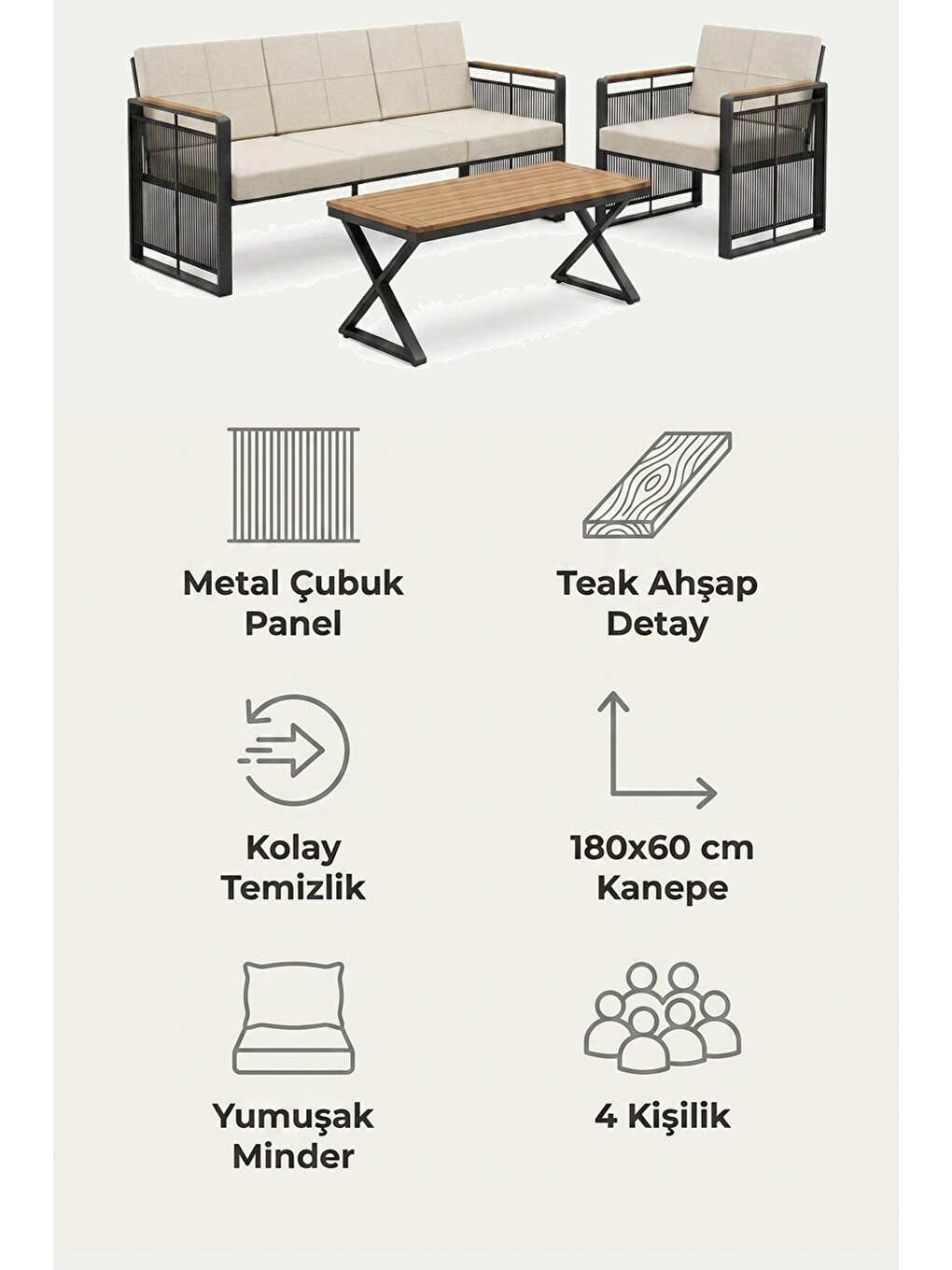 Maris Bahçe Balkon Oturma Takımı | İp Örgü Metal Karkas, 3+1 Koltuk, Antrasit Bej-7