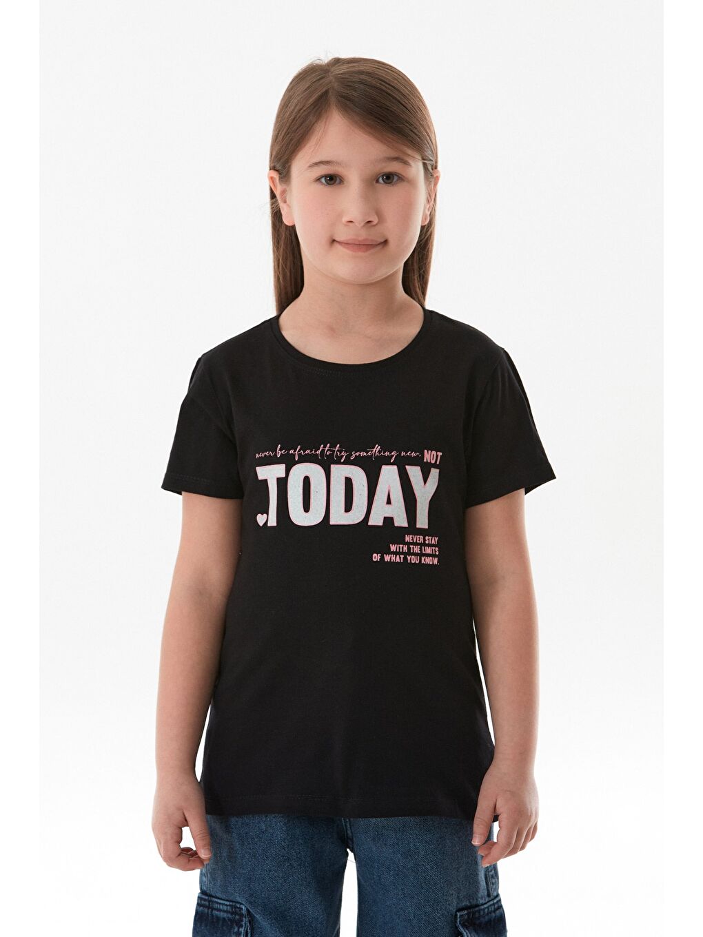 Siyah %100 Pamuk Today Baskılı Kız Çocuk Tişört-1