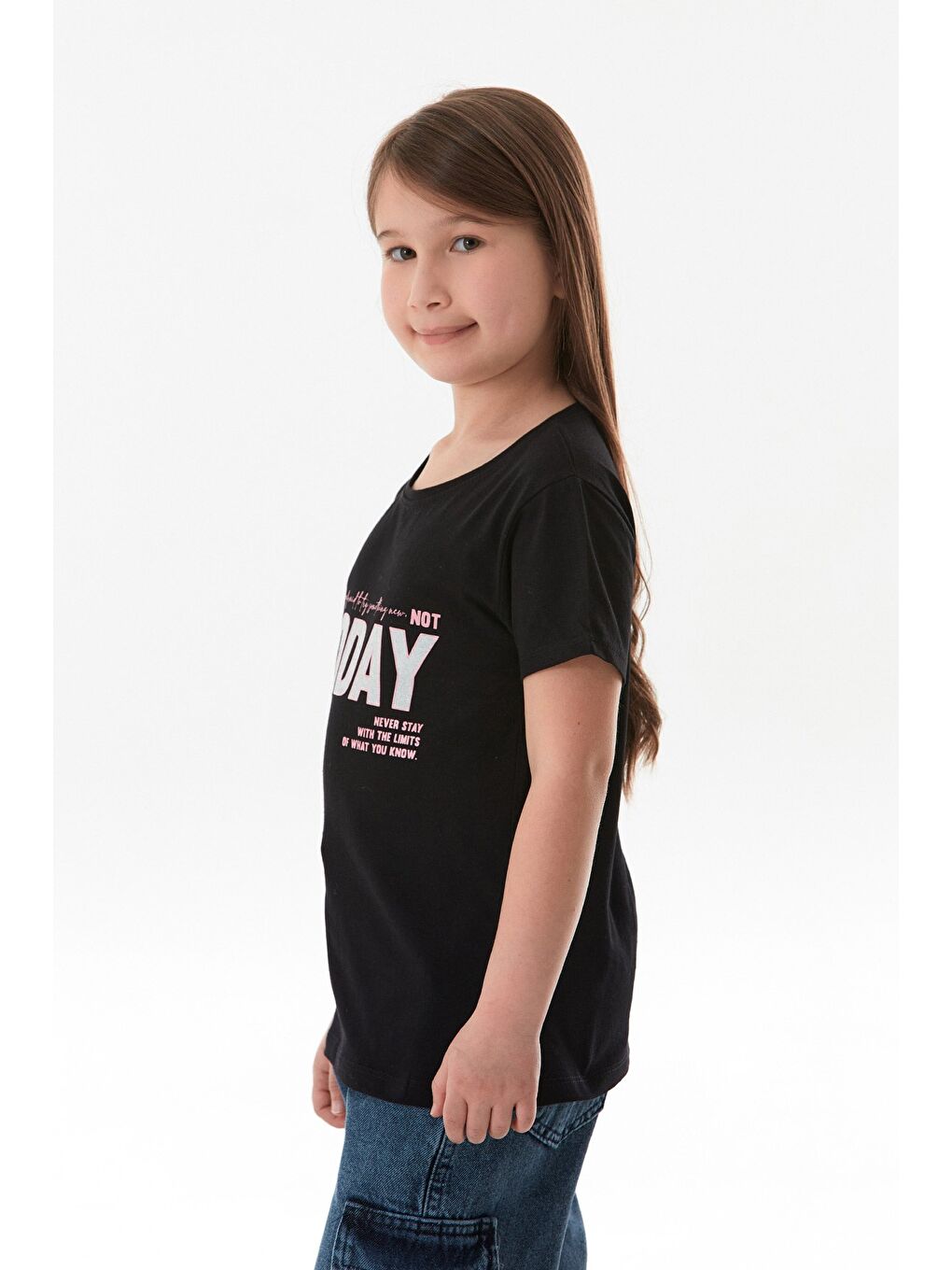 Siyah %100 Pamuk Today Baskılı Kız Çocuk Tişört-4