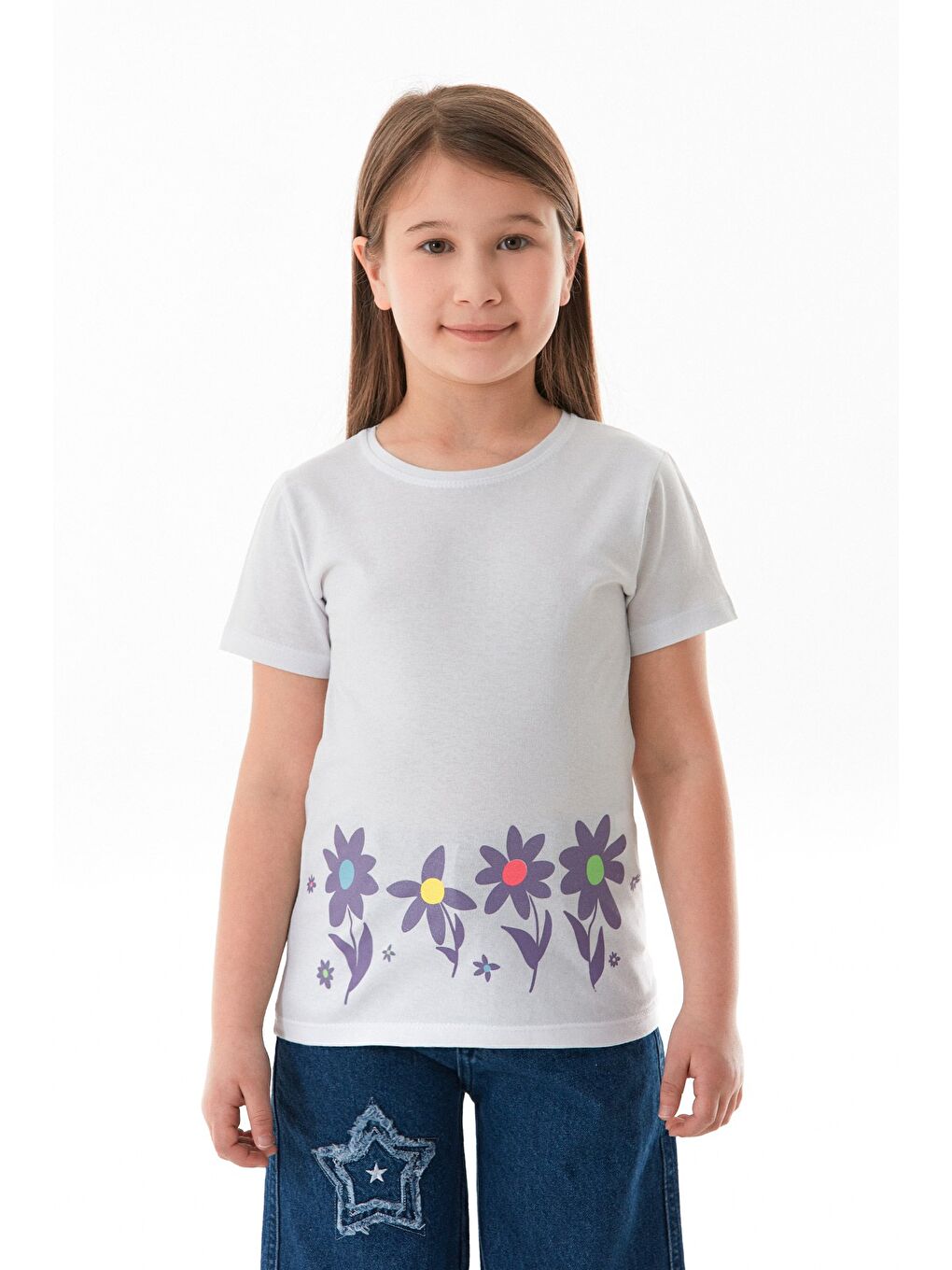Beyaz %100 Pamuk Çiçek Baskılı Kız Çocuk Tişört