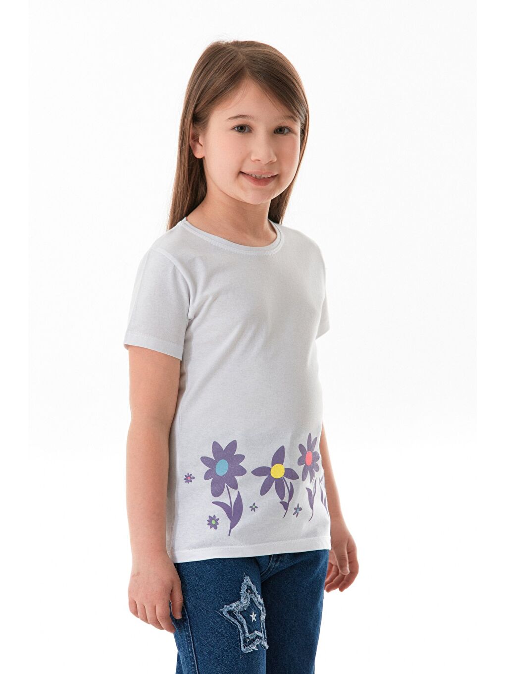 Beyaz %100 Pamuk Çiçek Baskılı Kız Çocuk Tişört-2